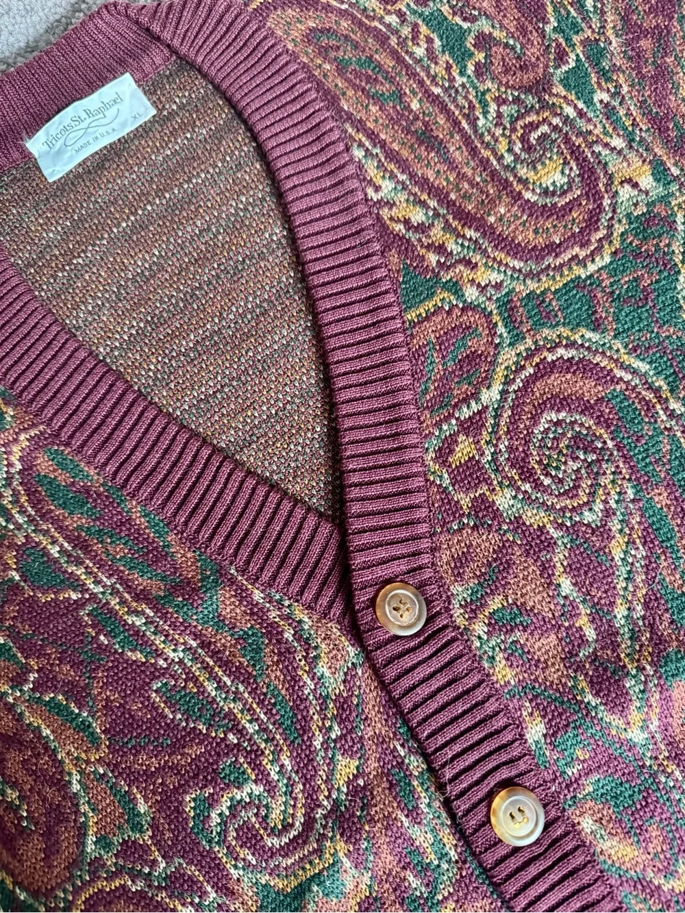 Vintage Paisley Button-Up Cardigan in Burgundy and Green